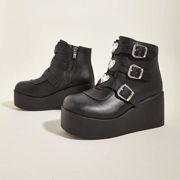 🆕 Platform Chunky Ankle Boots - Women Black Polyurethane Rave Goth Booties - Picture 5 of 10